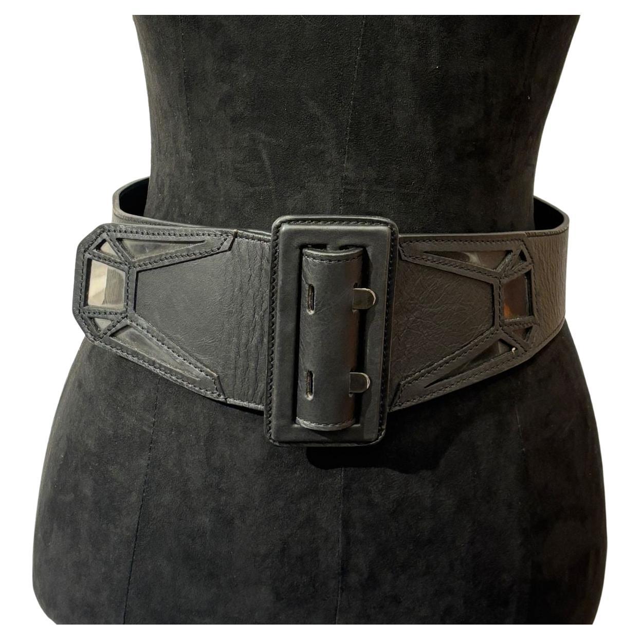 Vintage Jean Paul Gaultier Black Leather Geometric PVC Waist Belt For Sale