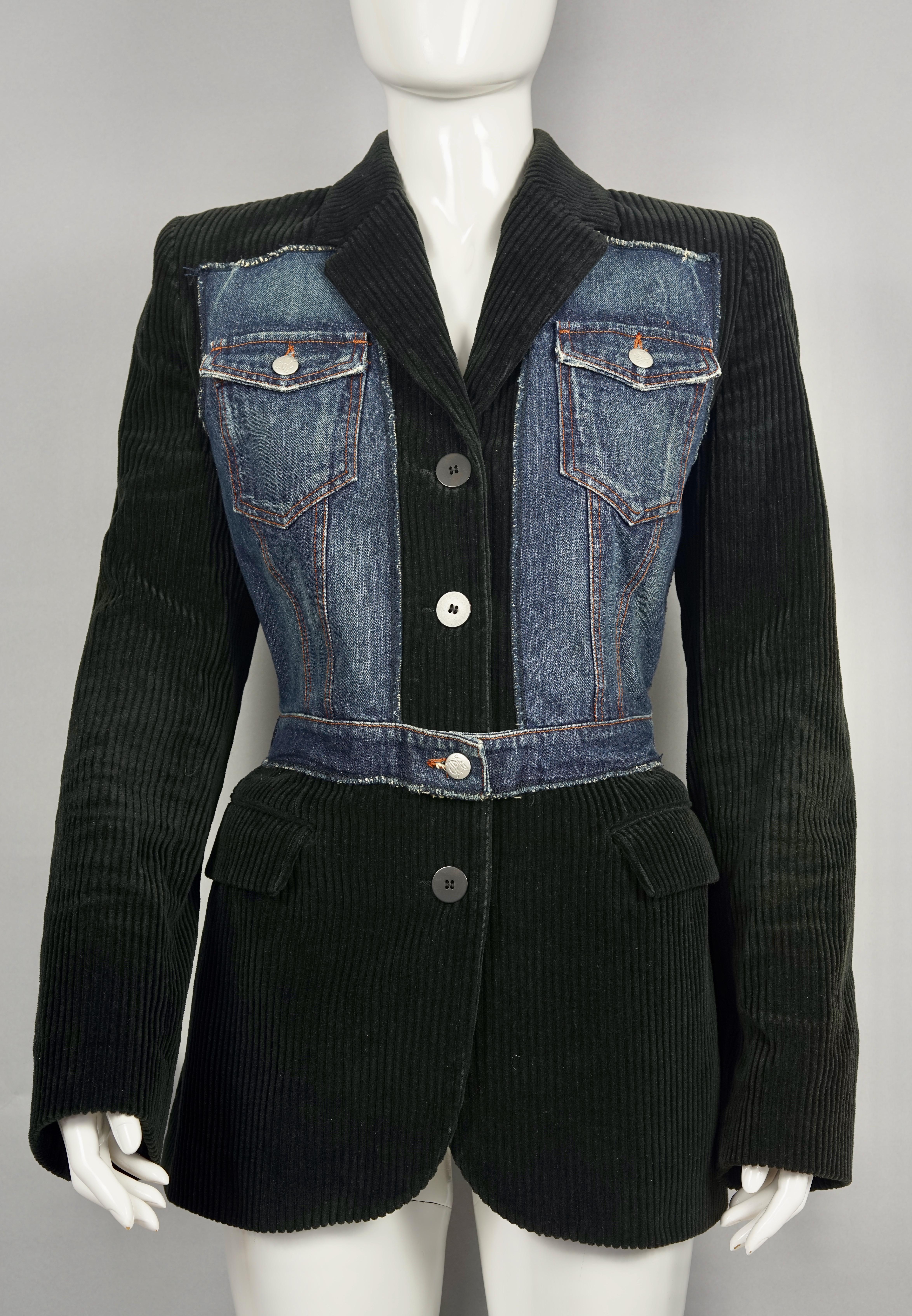 Vintage JEAN PAUL GAULTIER Combined Denim Black Corduroy Blazer Jacket

Measurements taken laid flat, double bust and waist:
Shoulder: 17.32 inches (44 cm)
Sleeves: 25.98 inches (66 cm)
Bust: 20 inches (51 cm)
Waist: 15.74 inches (40 cm)
Hips: 19.29