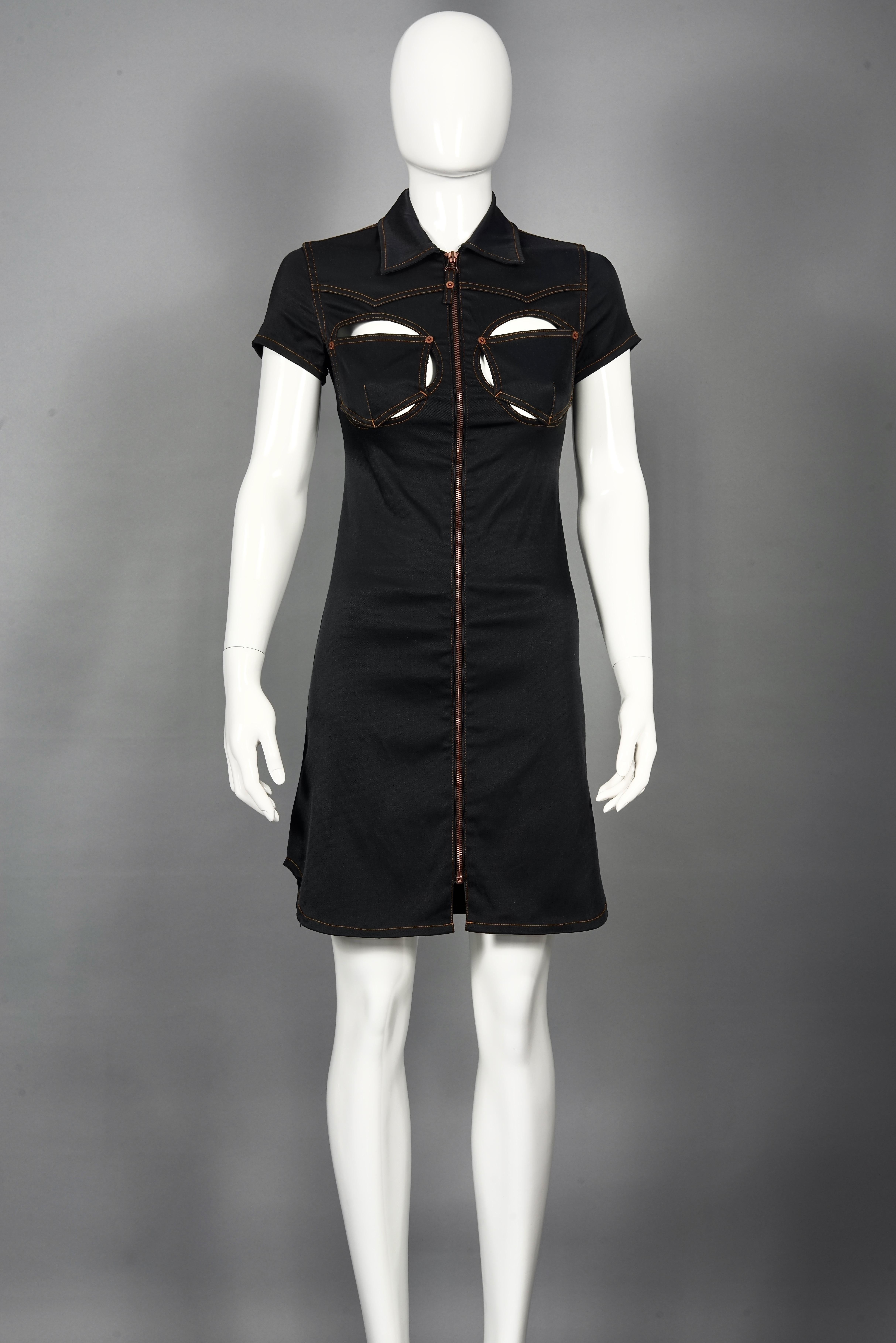 Vintage JEAN PAUL GAULTIER Cutout Bust Dress

Measurements taken laid flat, please double bust, waist and hips:
Shoulder: 13.77 inches (35 cm) not stretched
Sleeves: 5.51 inches (14 cm) not stretched
Bust: 17.32 inches (44 cm) not stretched
Waist: