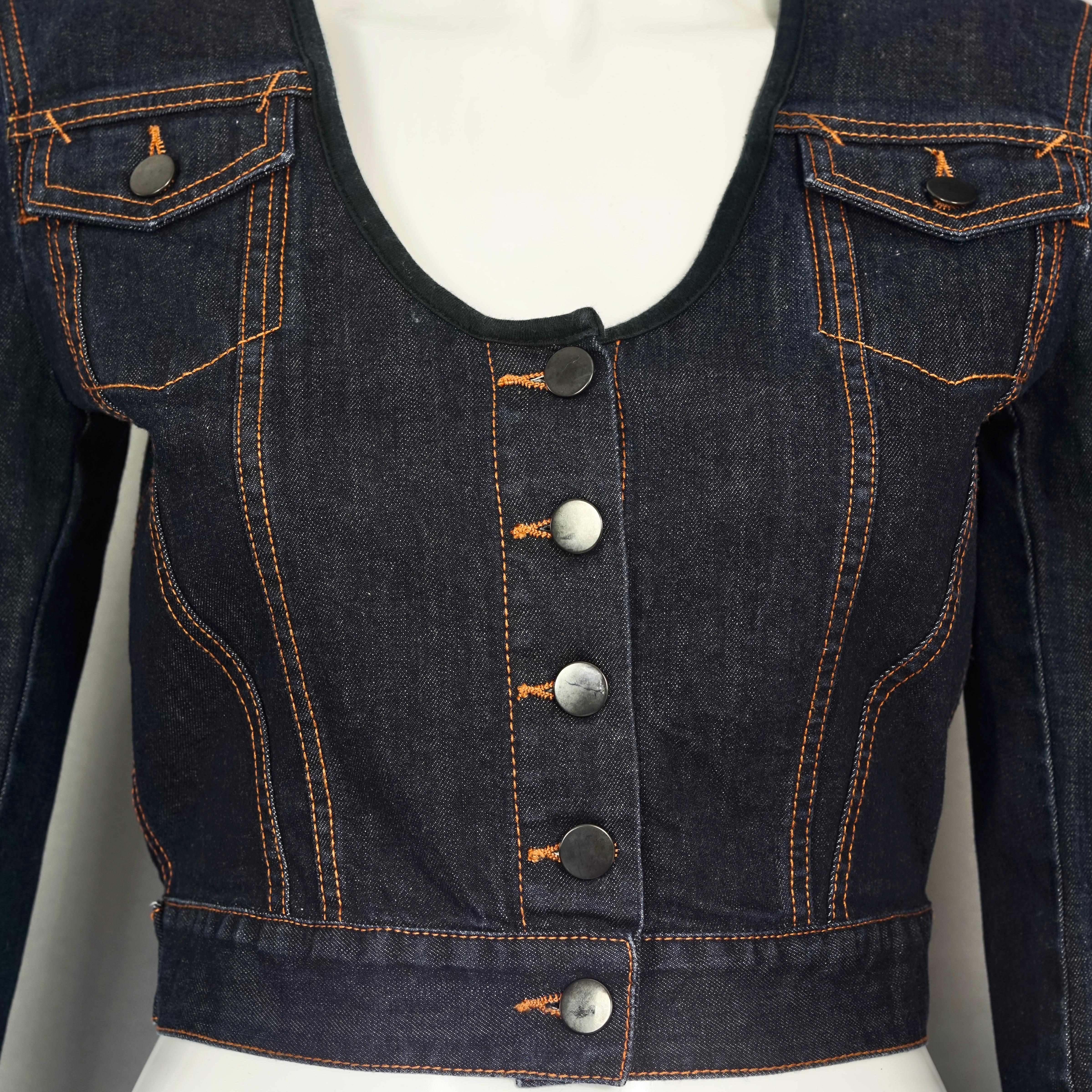 Vintage JEAN PAUL GAULTIER Dark Blue Denim Cropped Jacket For Sale 2