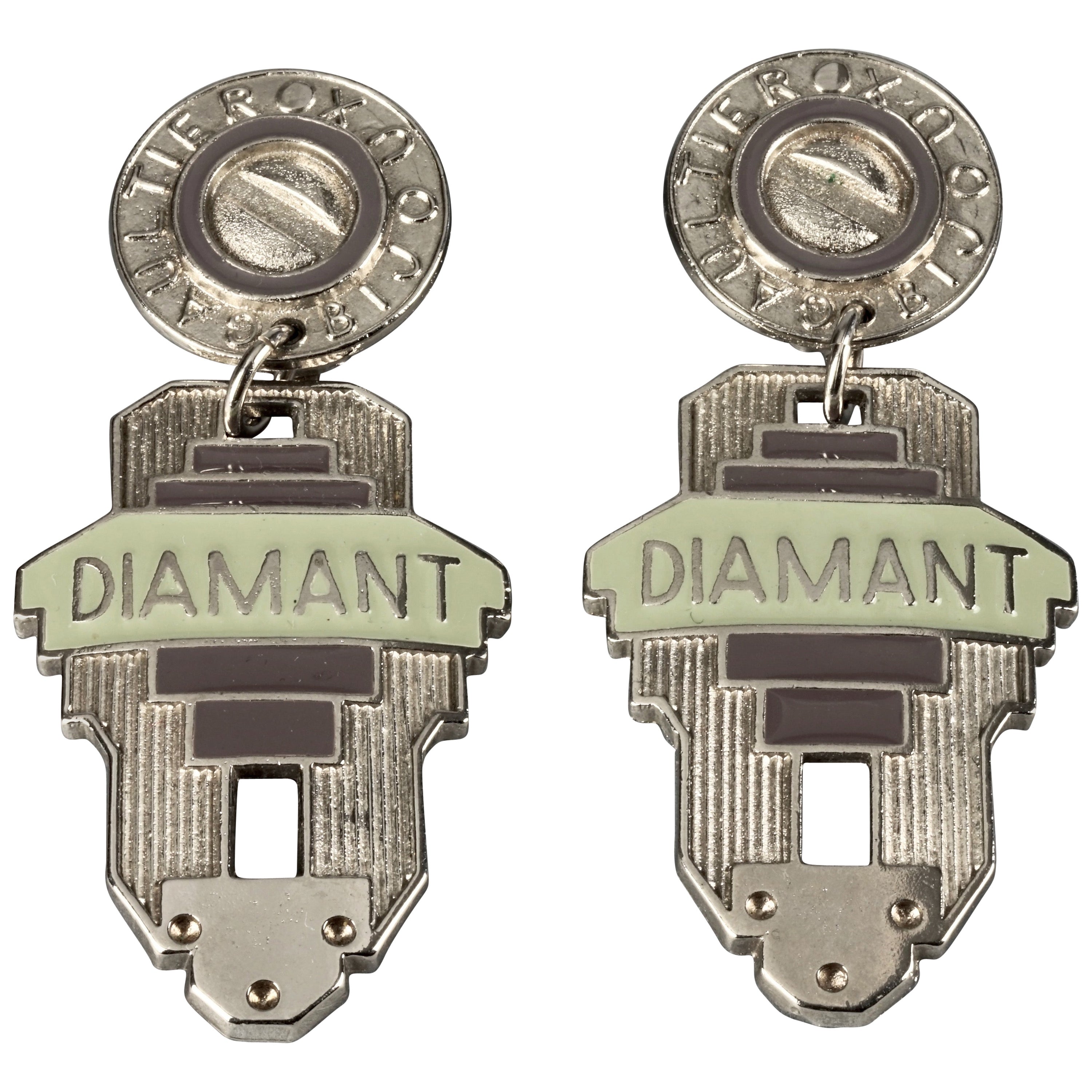 Vintage JEAN PAUL GAULTIER Diamant Bijoux Label Enamel Dangling Earrings For Sale