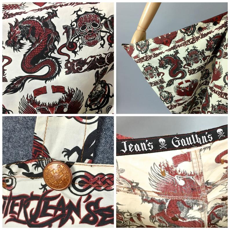 Vintage JEAN PAUL GAULTIER Dragon Eagle Tattoo Print Sarong Suspender Skirt For Sale 2