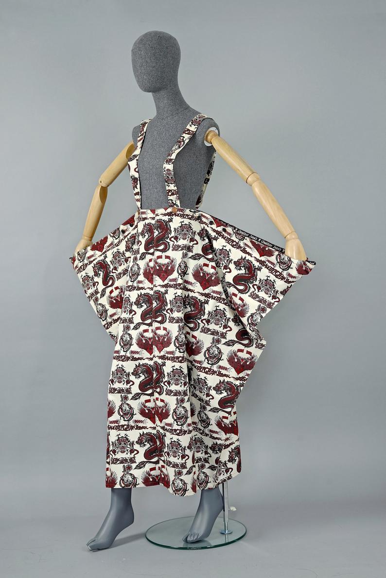 Women's Vintage JEAN PAUL GAULTIER Dragon Eagle Tattoo Print Sarong Suspender Skirt For Sale