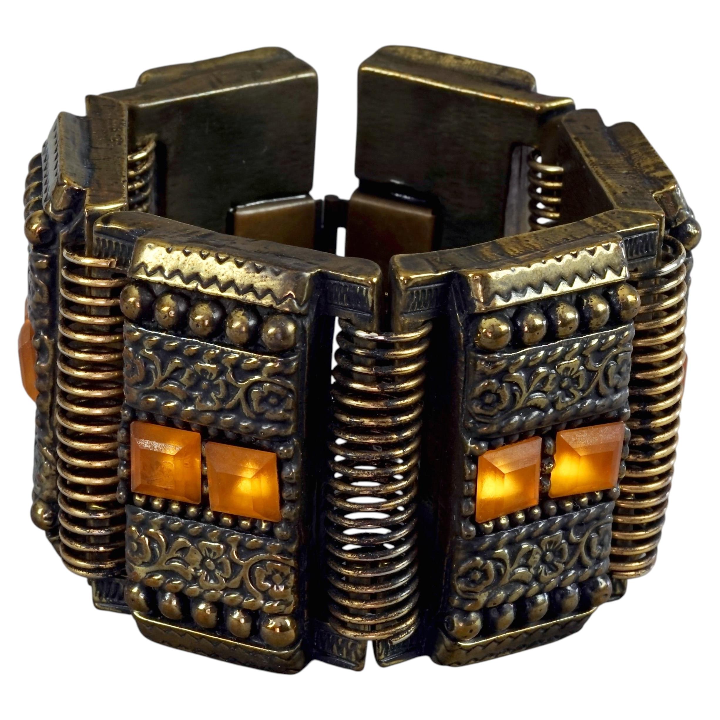Vintage Jean Paul Gaultier Jeans Bracciale etnico arancione con cabochon e maglie larghe