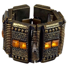 Vintage JEAN PAUL GAULTIER Ethnic Orange Cabochon Link Wide Cuff Bracelet