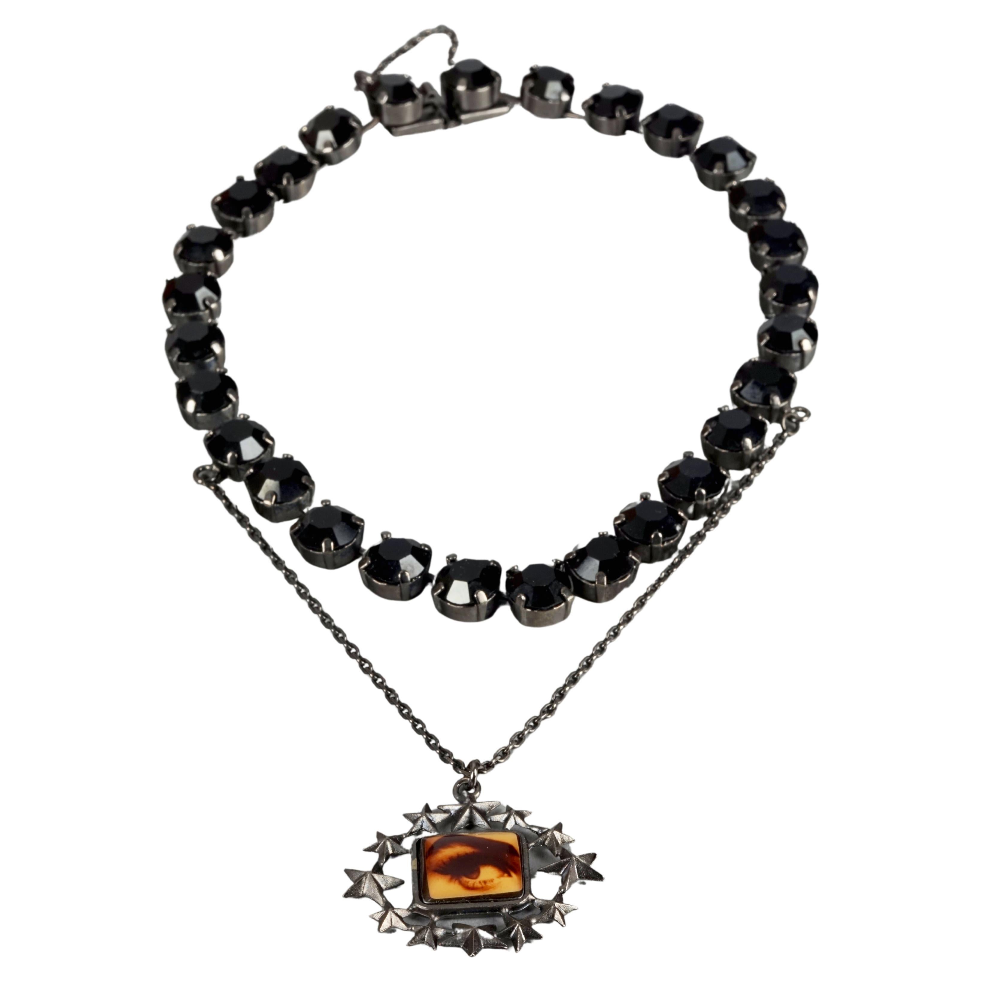 Vintage JEAN PAUL GAULTIER Eye Stars Novelty Black Rhinestones Gothic Necklace For Sale