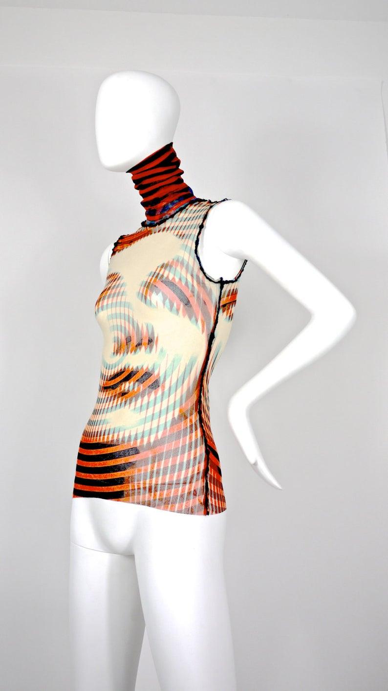 Beige Vintage JEAN PAUL GAULTIER Face Optic Illusion Print Turtle Neck Blouse