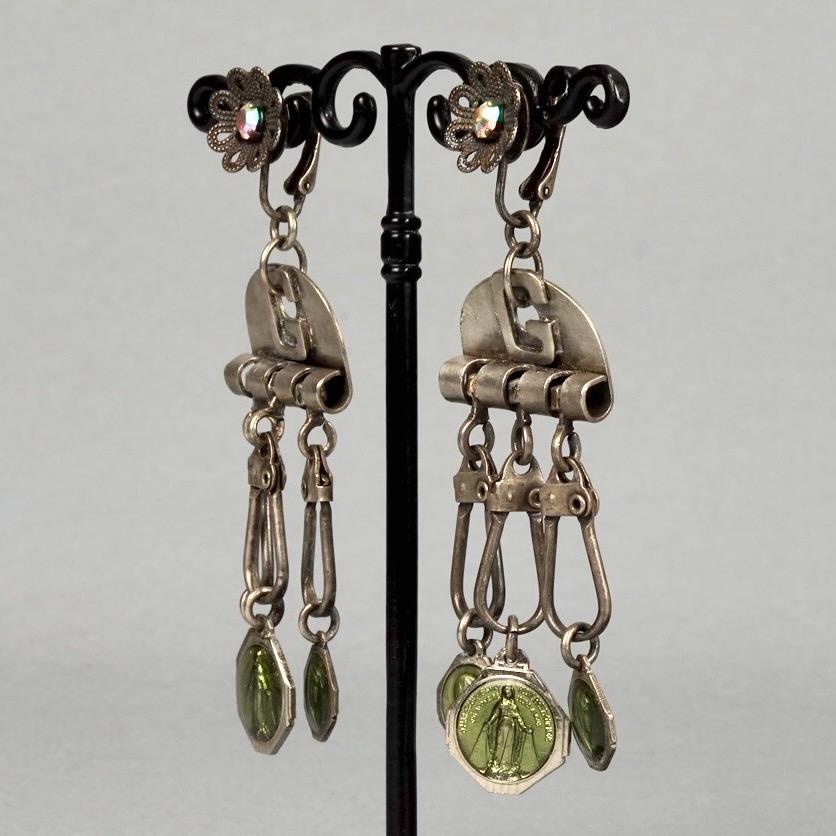 Women's Vintage JEAN PAUL GAULTIER Flower Scapular Religious Charm Dangling Earrings For Sale