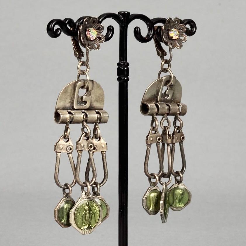 Vintage JEAN PAUL GAULTIER Flower Scapular Religious Charm Dangling Earrings For Sale 1