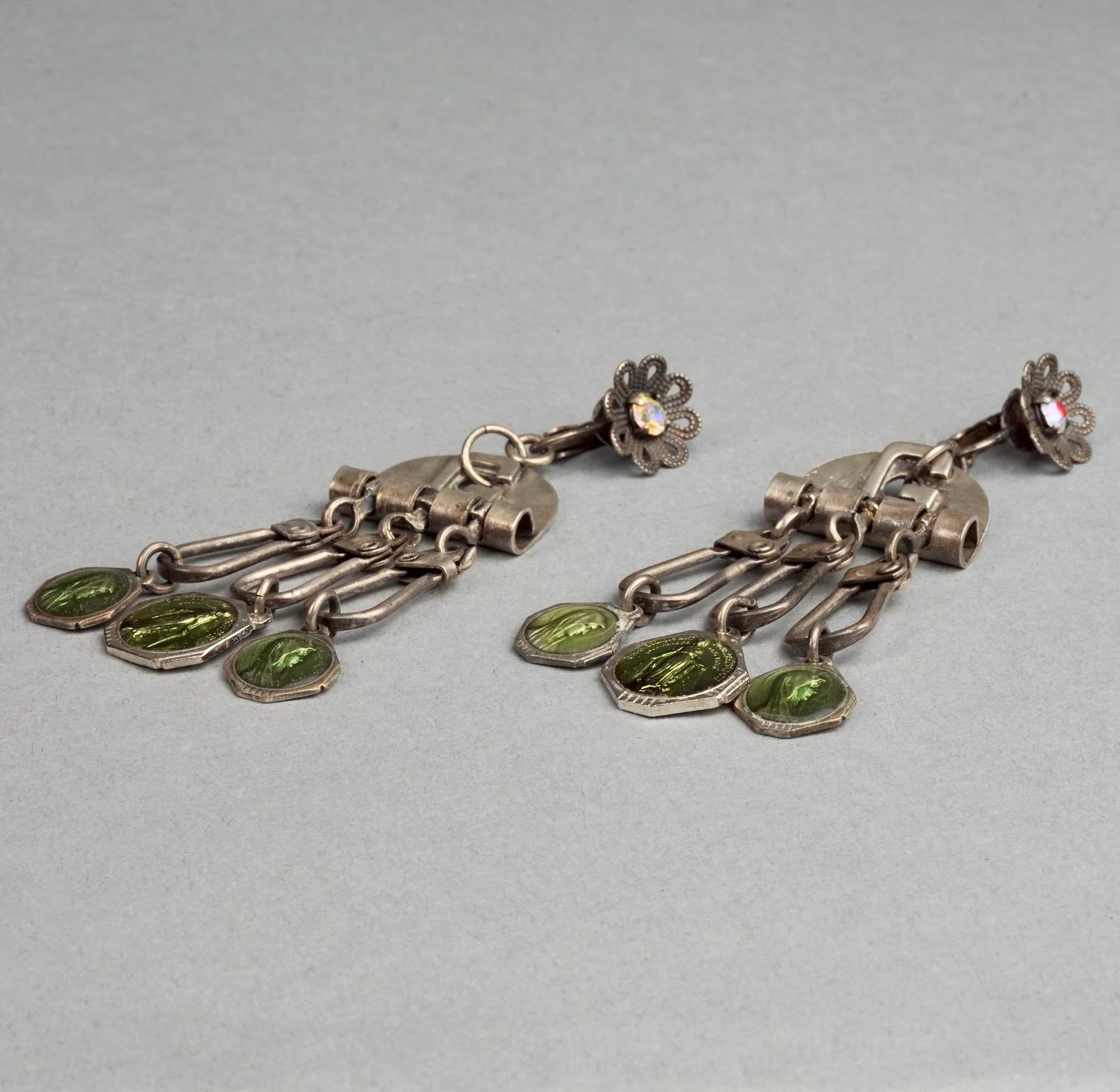 Vintage JEAN PAUL GAULTIER Flower Scapular Religious Charm Dangling Earrings For Sale 3