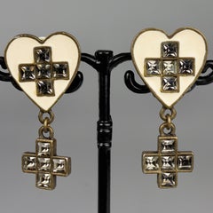 Vintage JEAN PAUL GAULTIER Heart Cross Rhinestone Dangling Earrings