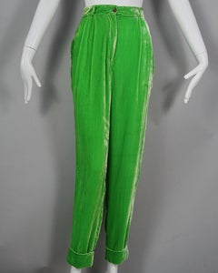 Vintage JEAN PAUL GAULTIER Iridescent Apple Green Velvet High Waisted Trousers P