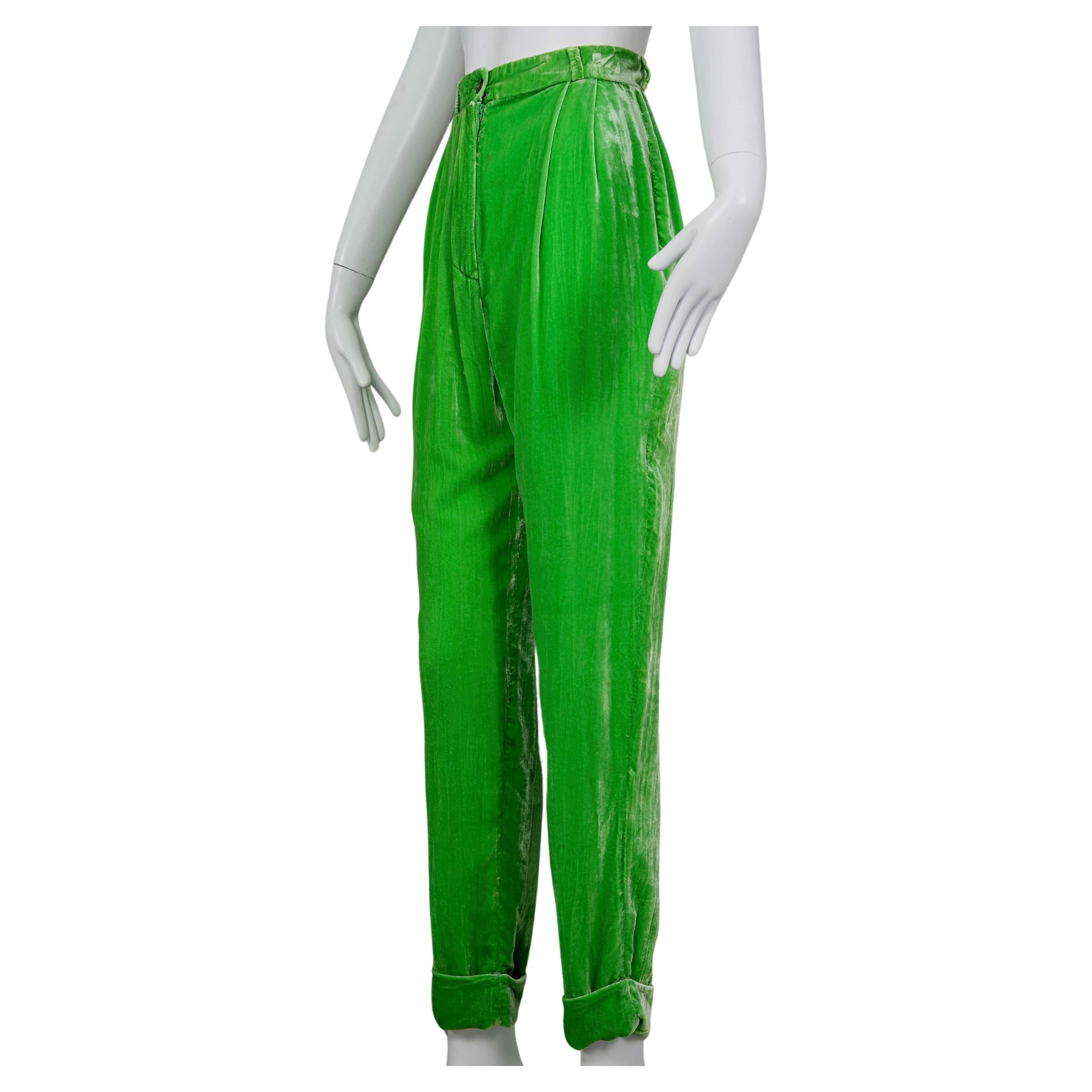 Vintage JEAN PAUL GAULTIER Schillernde olivgrüne Vintage-Hose mit hoher Taille aus Samt P