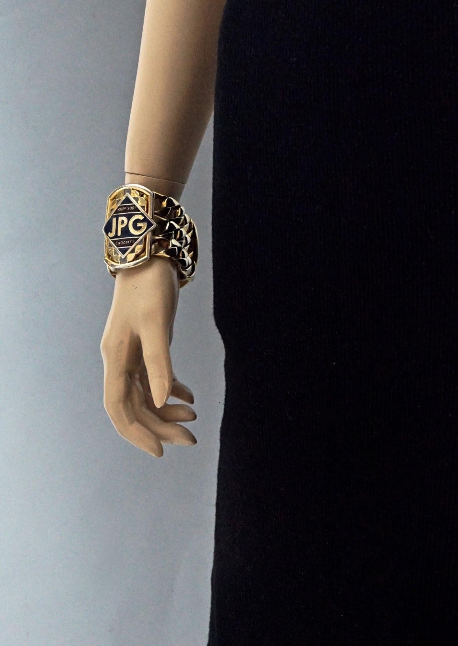 Vintage Jean Paul Gaultier JPG RAPPSODI GARANTI Enamel Chain Cuff Bracelet 4