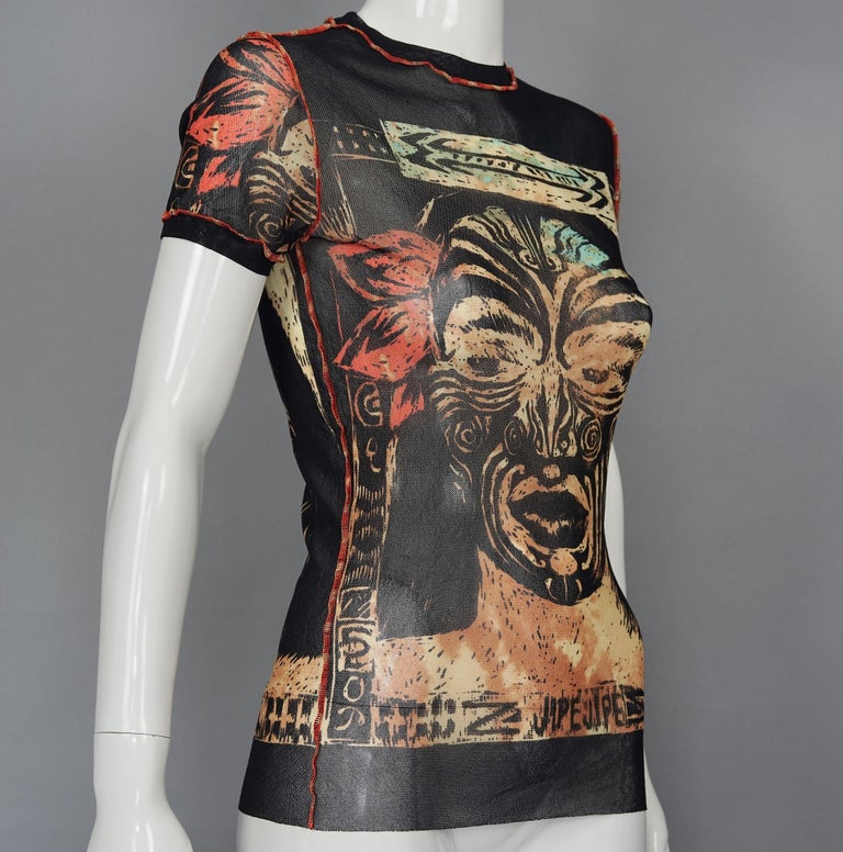 Top Vintage Jean Paul Gaultier – Maille Tatouée, Taille L, Couleur Beige