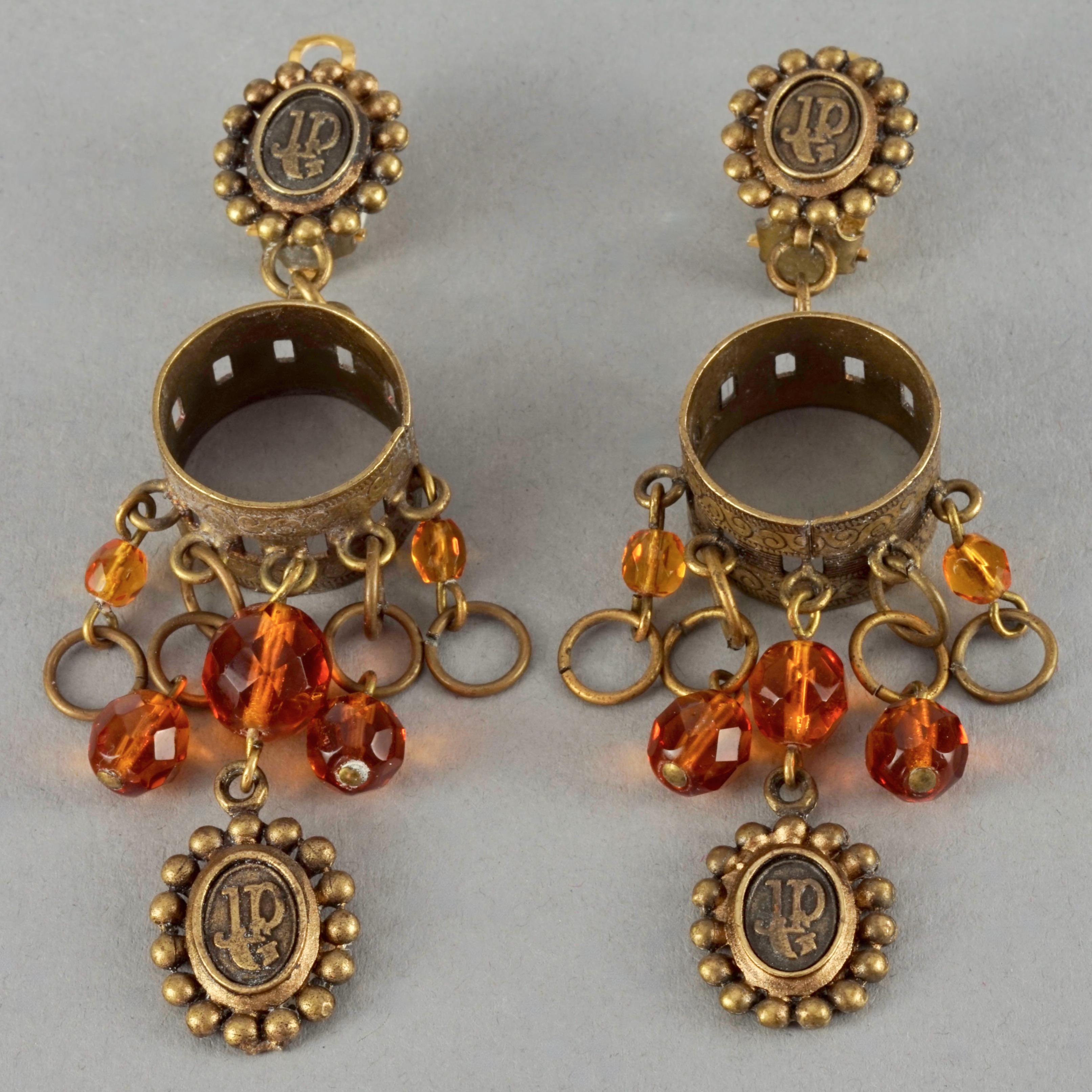 Vintage JEAN PAUL GAULTIER Logo Amber Beads Hoop Dangling Earrings For Sale 1