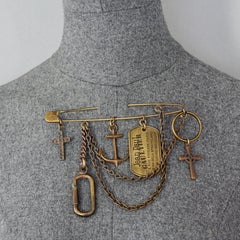Vintage JEAN PAUL GAULTIER Logo Multi Charm Rustic Safety Pin Brooch