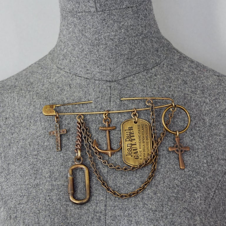 Vintage JEAN PAUL GAULTIER Logo Multi Charm Rustic Safety Pin