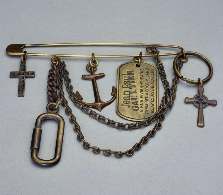 Vintage JEAN PAUL GAULTIER Logo Multi Charm Rustic Safety Pin