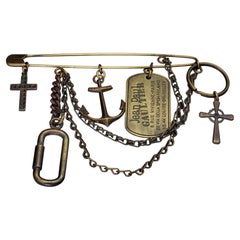 Vintage JEAN PAUL GAULTIER Logo Multi Charm Rustic Safety Pin Brooch