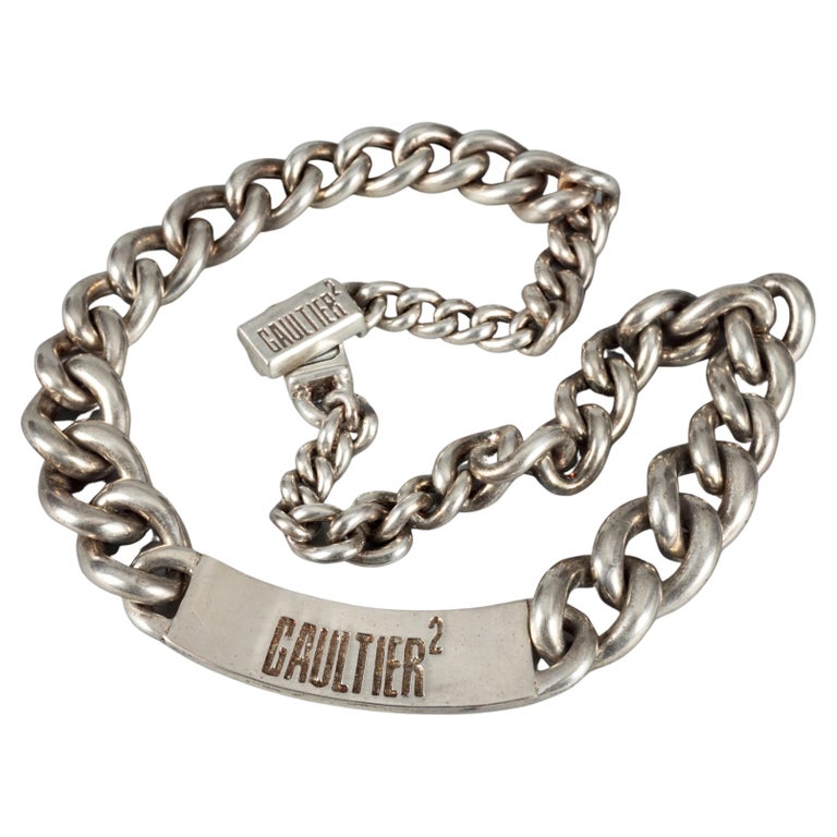 Vintage JEAN PAUL GAULTIER Logo Name Plate Silver Chain Necklace For Sale  at 1stDibs