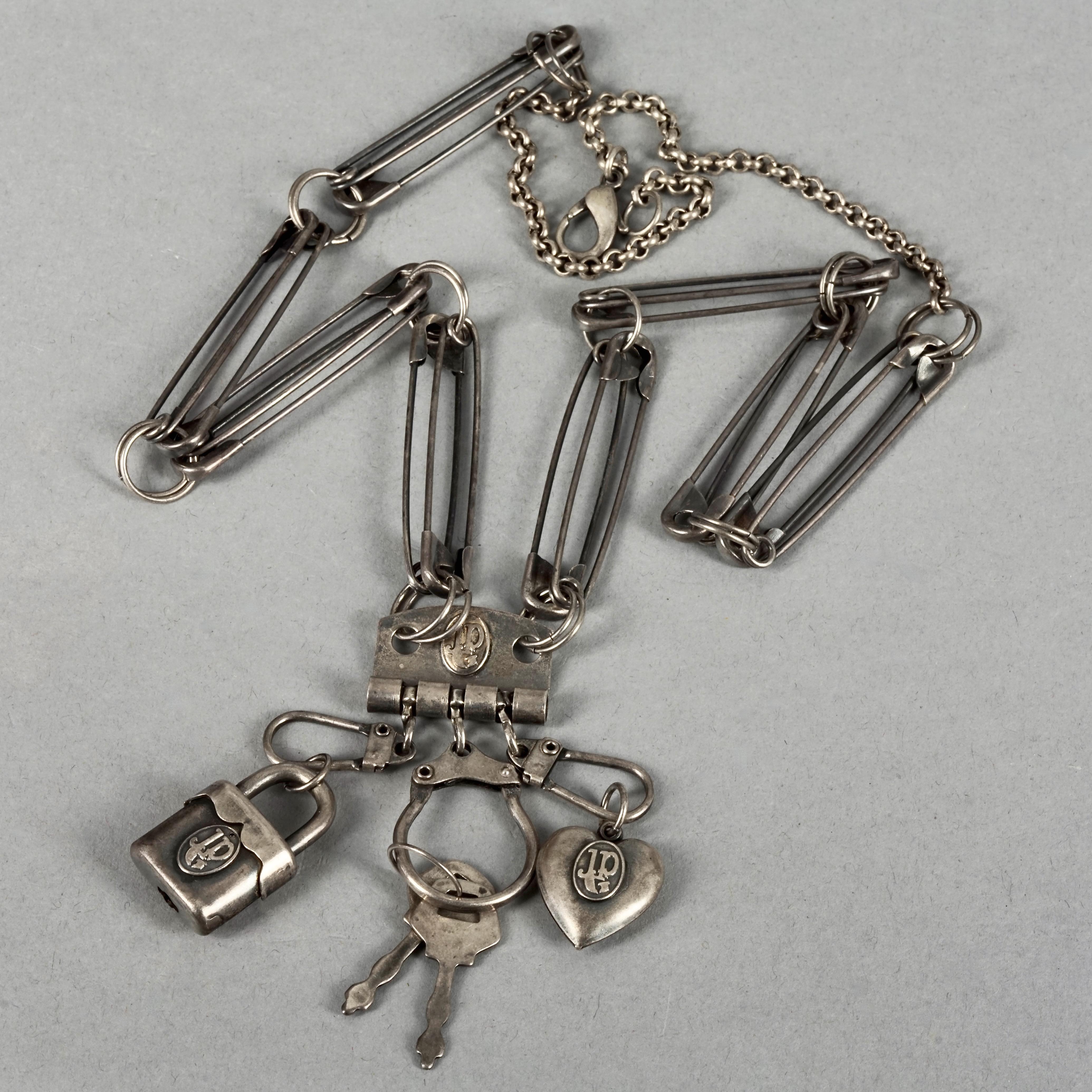 Vintage JEAN PAUL GAULTIER Logo Safety Pin Heart Padlock Keys Necklace For Sale 1