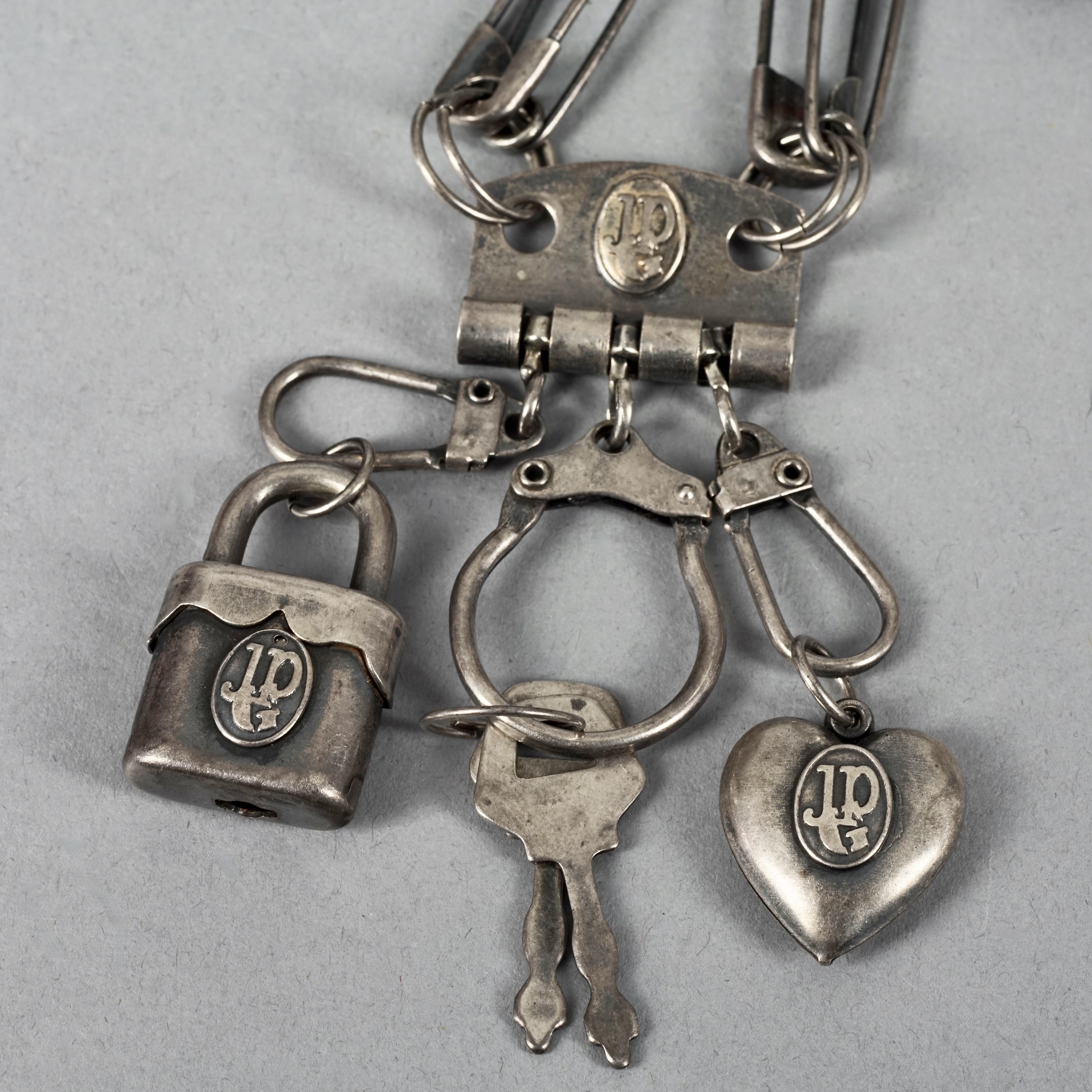 Vintage JEAN PAUL GAULTIER Logo Safety Pin Heart Padlock Keys Necklace For Sale 2