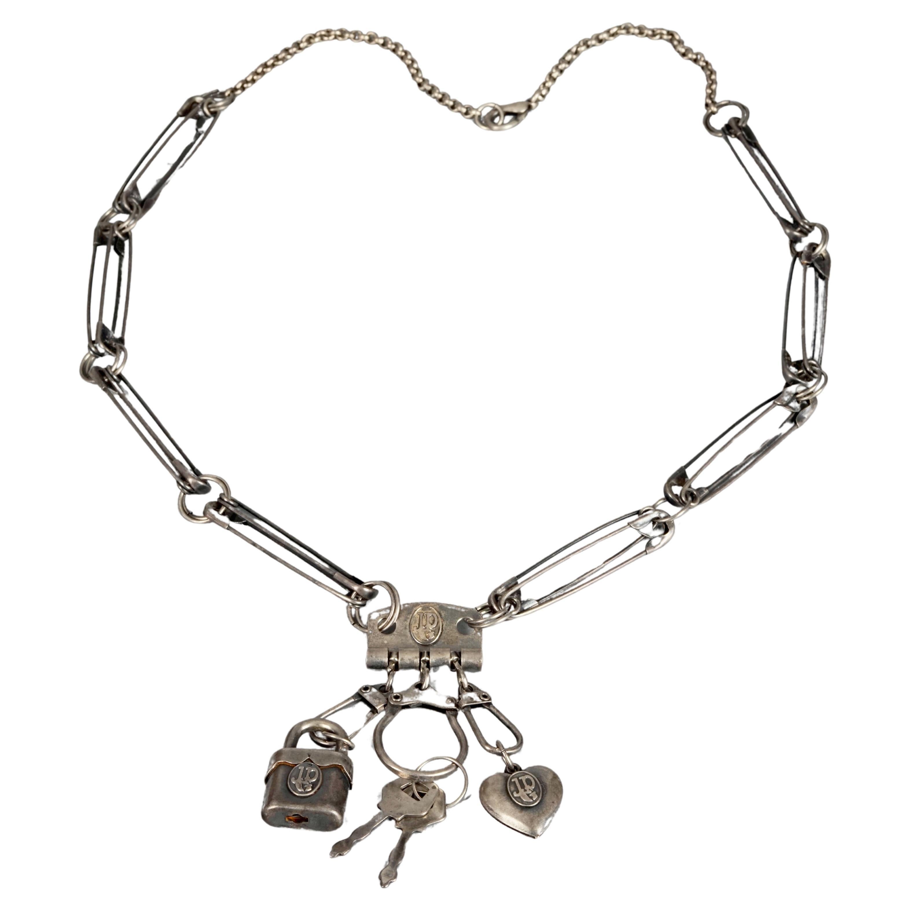Vintage JEAN PAUL GAULTIER Logo Safety Pin Heart Padlock Keys Necklace For Sale