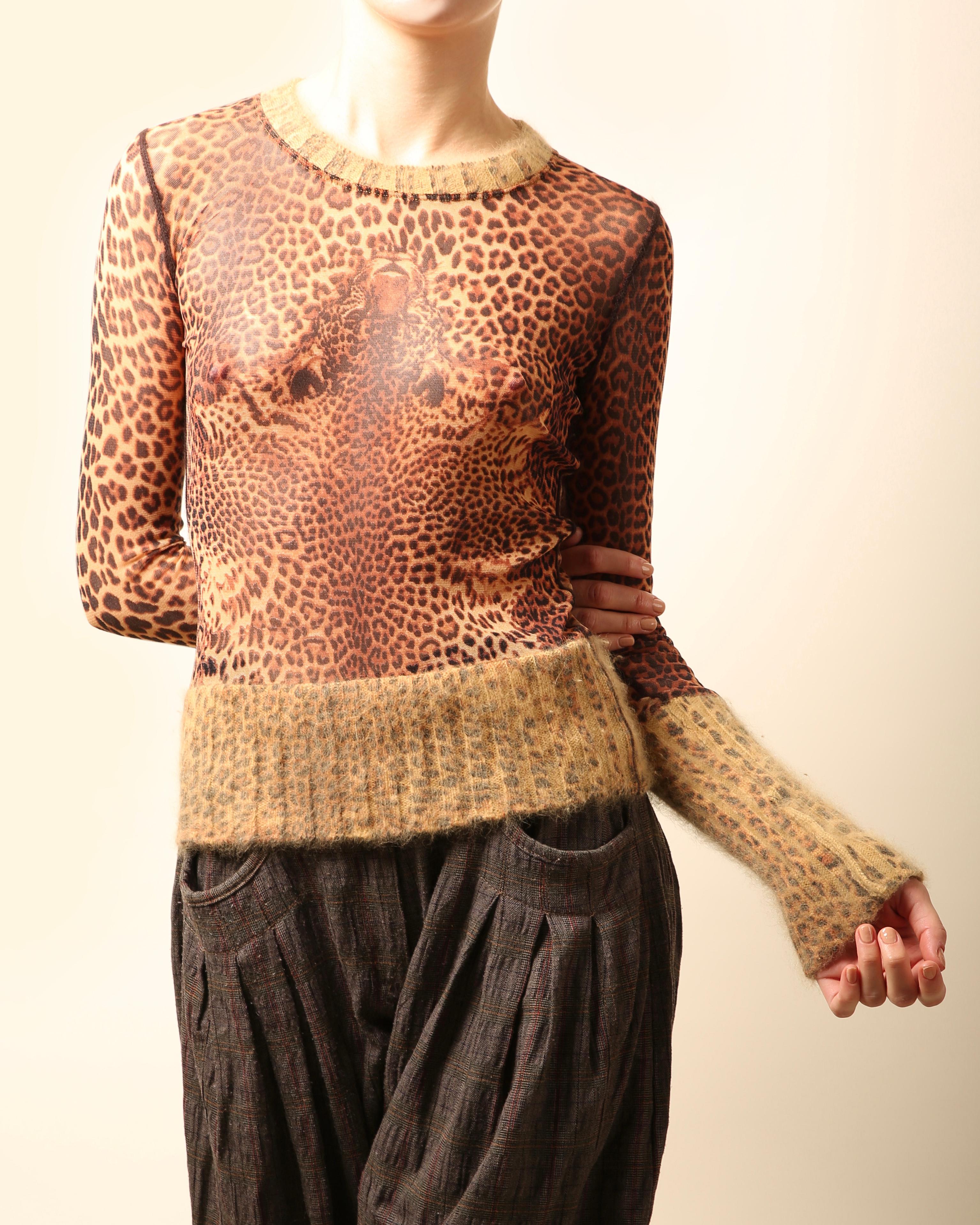 Women's Vintage Jean Paul Gaultier Maille leopard print mesh sheer Angora stretch top S