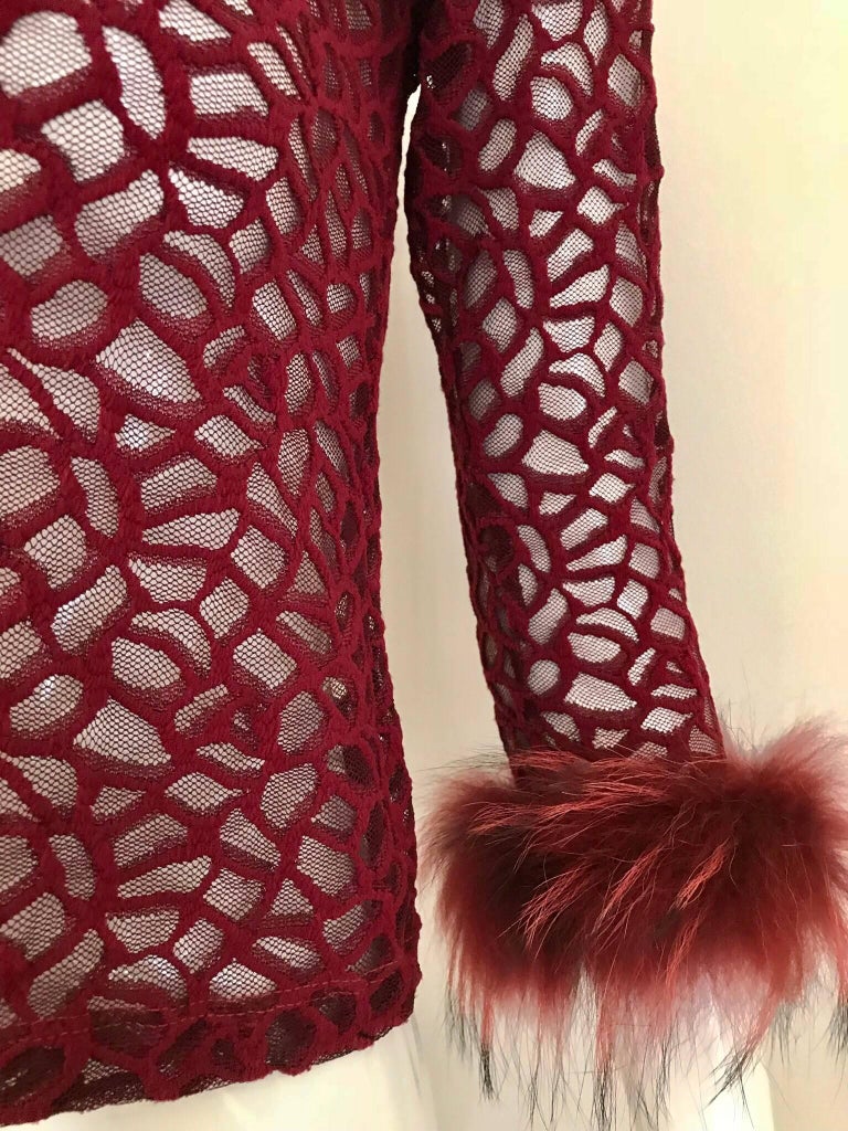 Vintage Jean Paul Gaultier Maroon Mesh Top with Ostrich Sleeves For Sale at 1stdibs