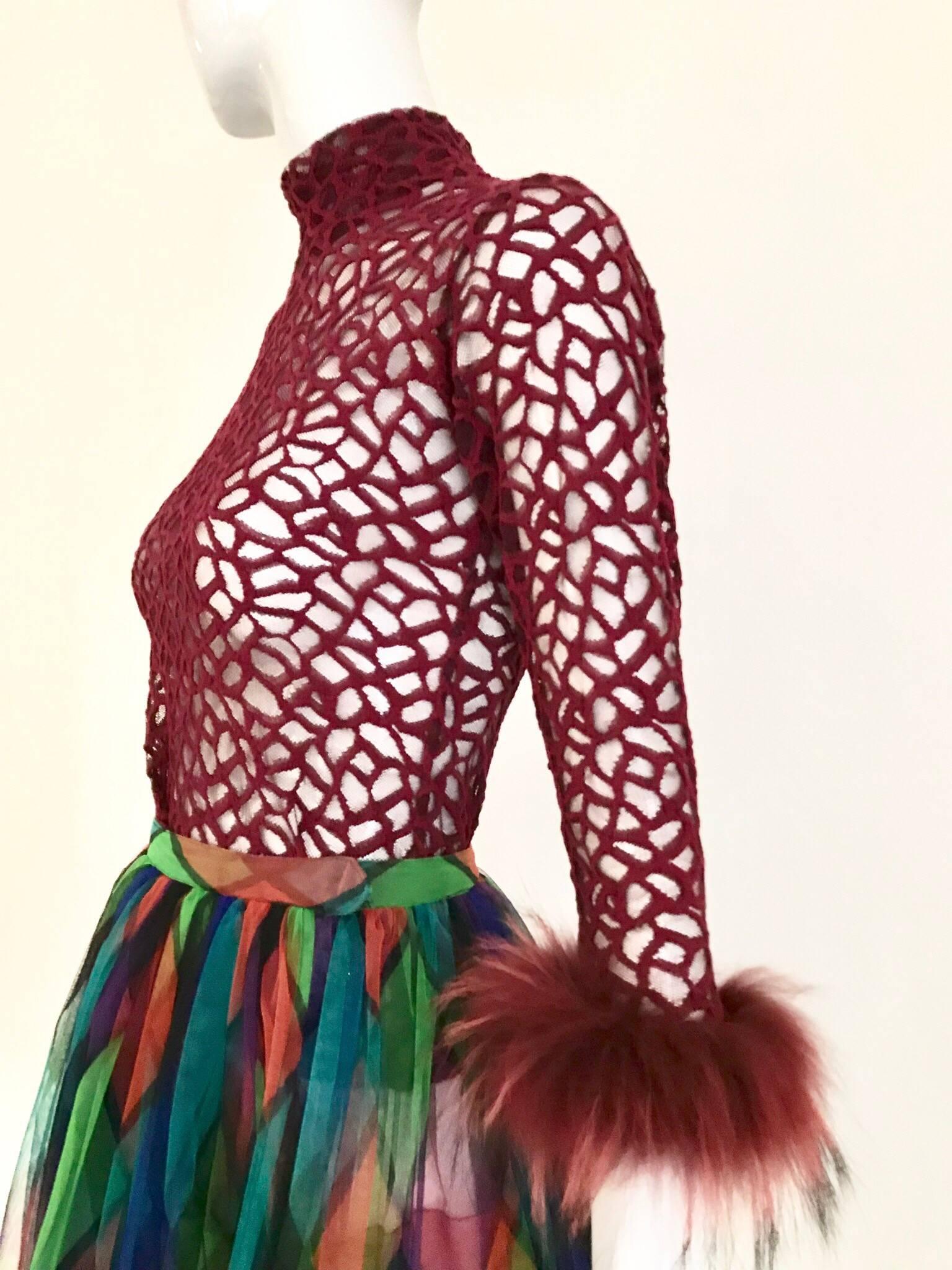 Women's Vintage Jean Paul Gaultier Maroon Mesh Top with Ostrich Sleeves