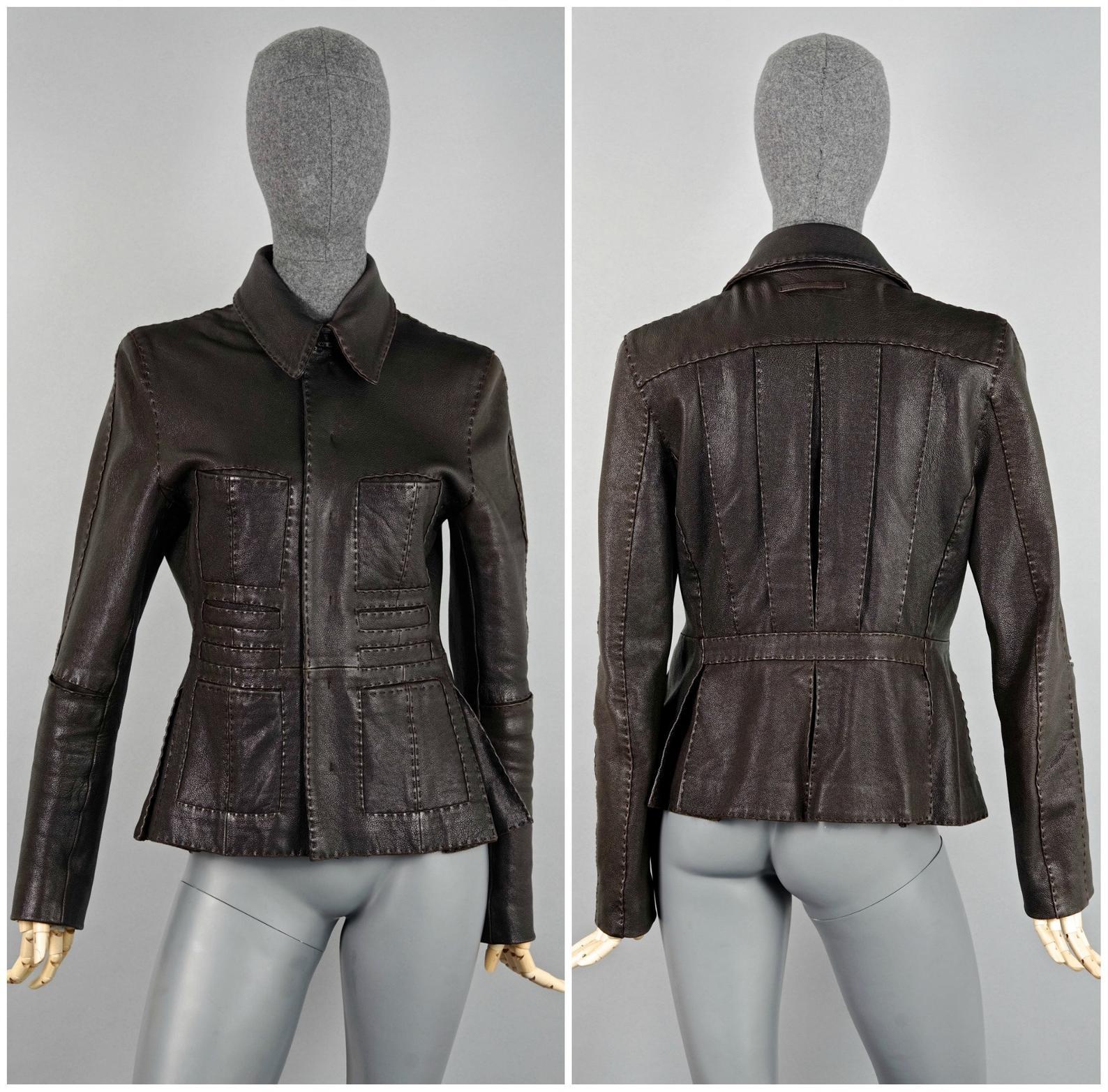 Vintage JEAN PAUL GAULTIER Multiple Pocket Pleated Dark Brown Leather Jacket

Measurements taken laid flat, please double bust and waist:
Shoulder: 16.14 inches (41 cm)
Sleeves: 24.21 inches (61.5 cm)
Bust: 16.92 inches (43 cm)
Waist: 15.31 inches