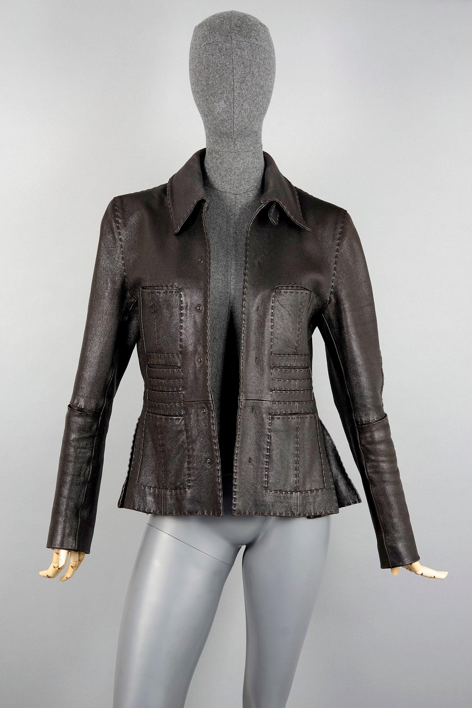 Black Vintage JEAN PAUL GAULTIER Multiple Pocket Pleated Dark Brown Leather Jacket