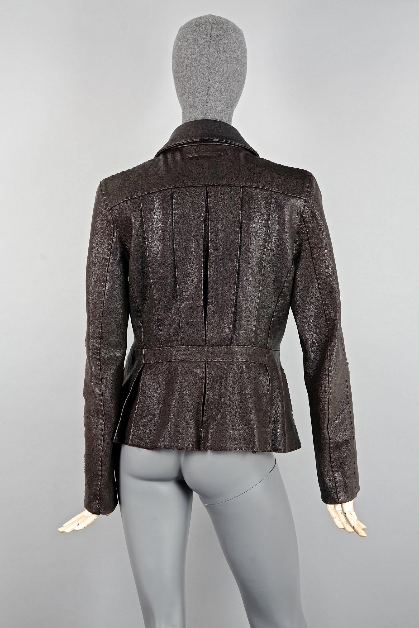 Women's Vintage JEAN PAUL GAULTIER Multiple Pocket Pleated Dark Brown Leather Jacket