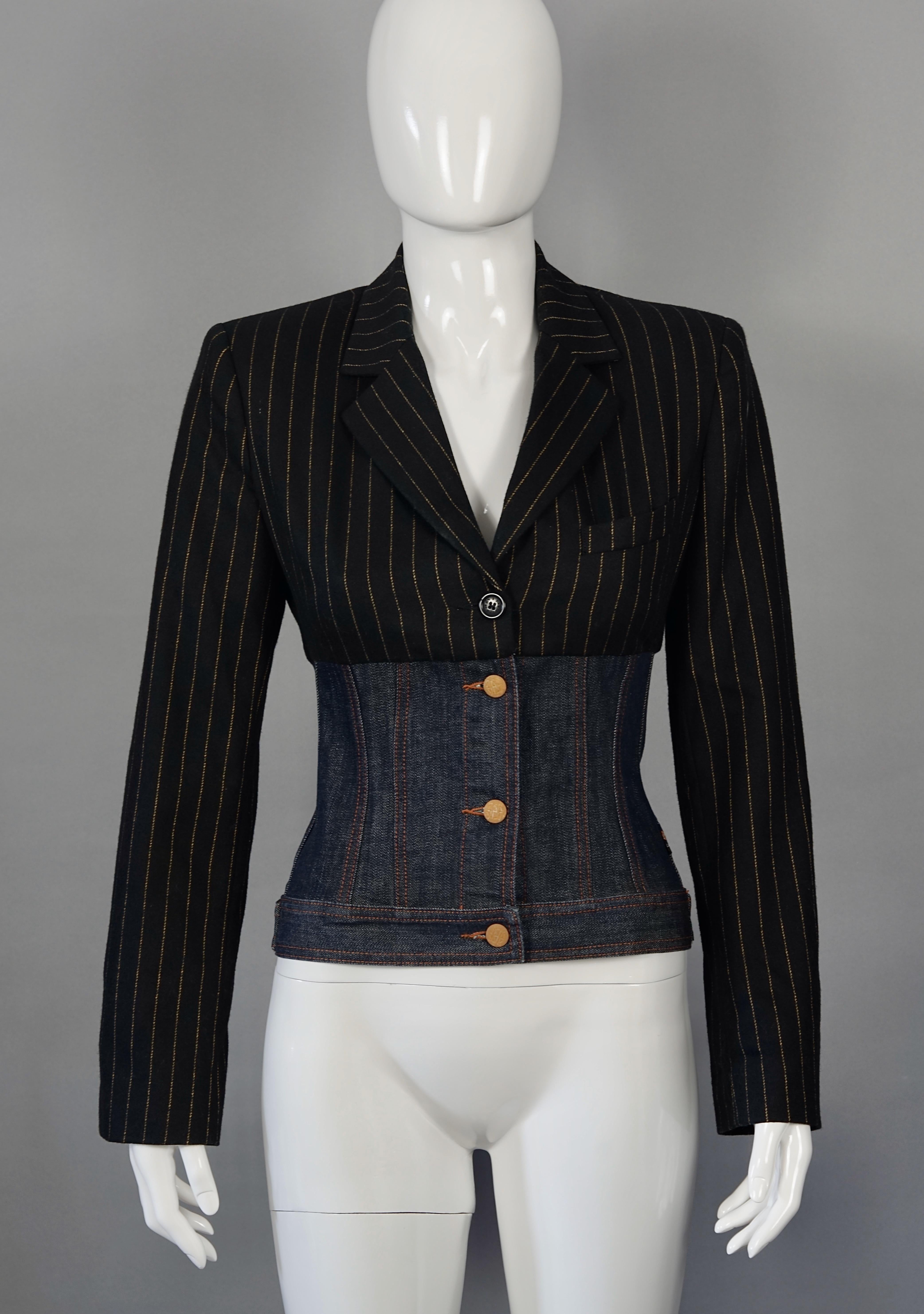 Vintage JEAN PAUL GAULTIER Pinstripe Denim Corset Blazer Jacket

Measurements taken laid flat, double bust and waist:
Shoulder: 15.35 inches (39 cm)
Sleeves: 23.22 inches (59 cm)
Bust: 19.29 inches (49 cm)
Waist: 13.78 inches (35 cm)
Hips: 16.53