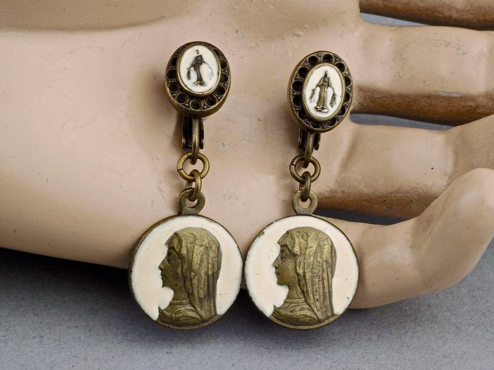 Vintage JEAN PAUL GAULTIER Roman Coin Enamel Bronze Drop Earrings 1