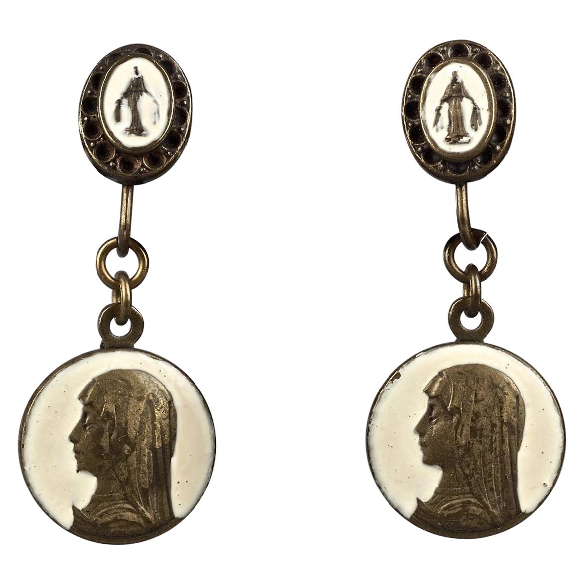 Vintage JEAN PAUL GAULTIER Roman Coin Enamel Bronze Drop Earrings