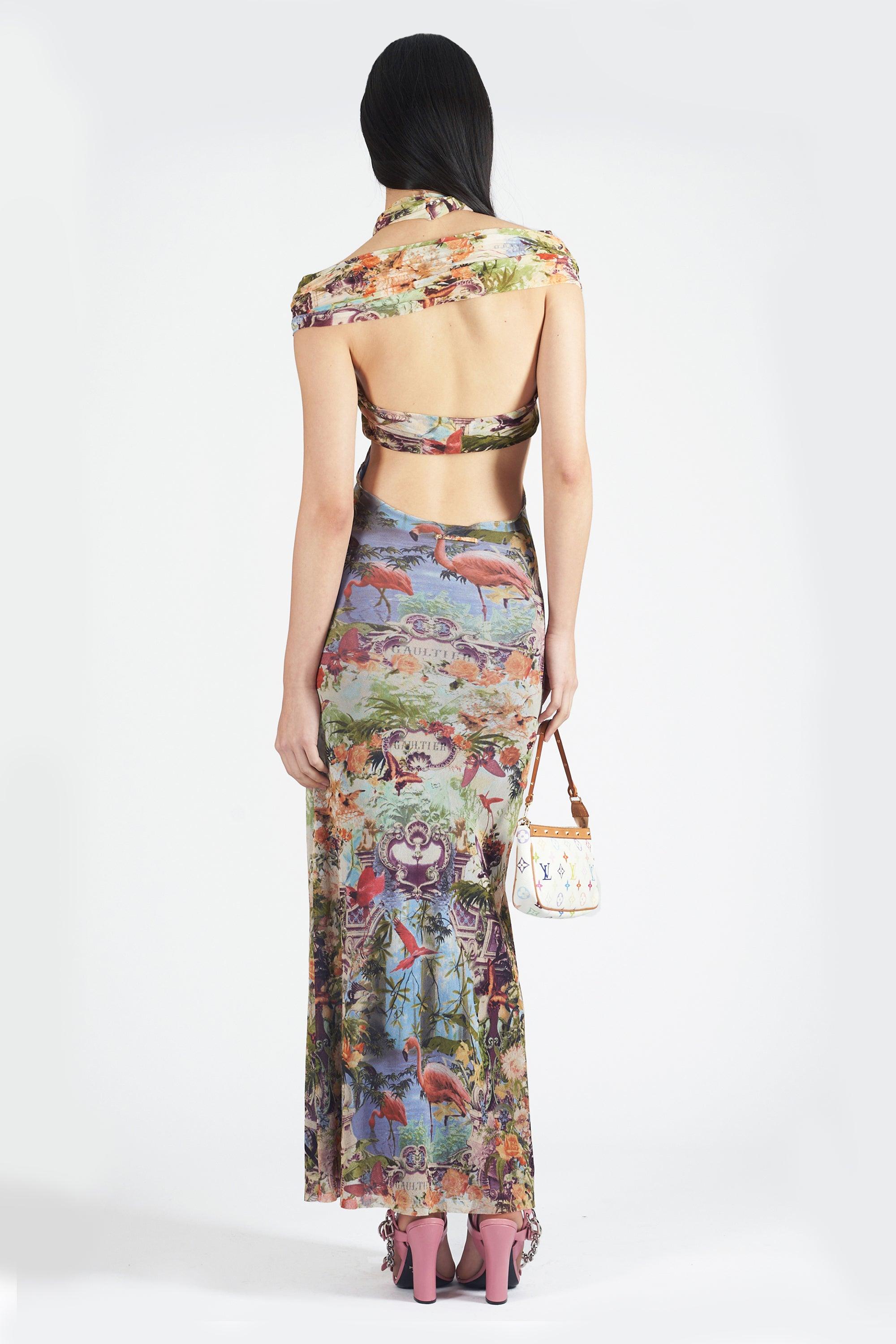 Brown Vintage Jean Paul Gaultier S/S 1999 Flamingo Mesh Maxi Dress