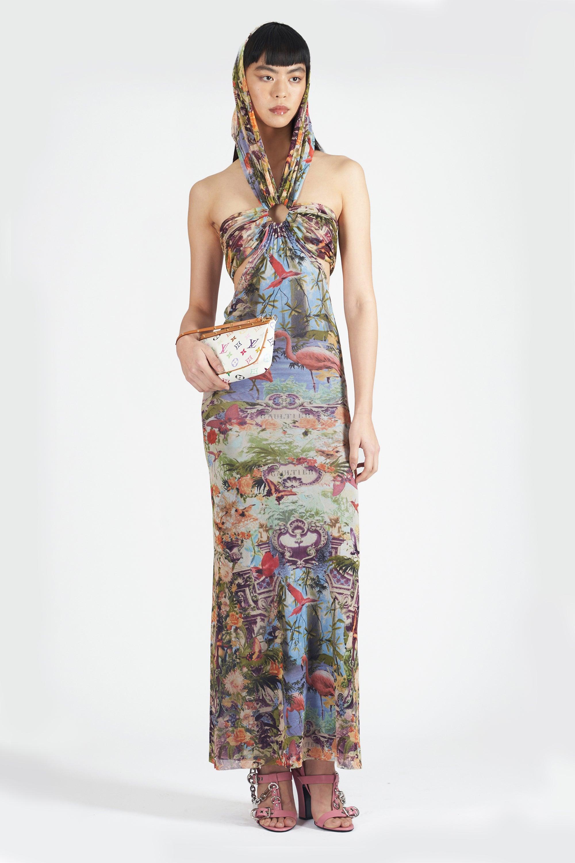 Vintage Jean Paul Gaultier S/S 1999 Flamingo Mesh Maxi Dress In Excellent Condition In London, GB