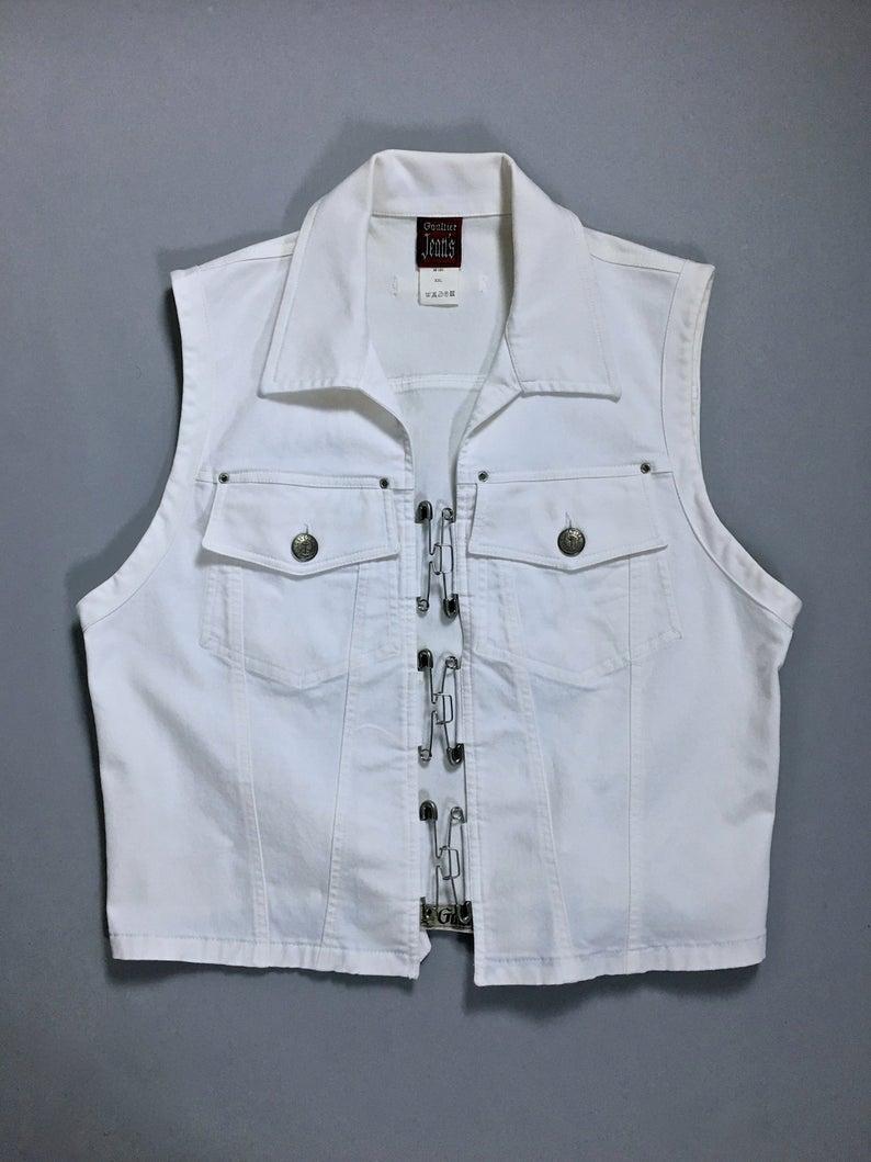 Vintage JEAN PAUL GAULTIER Safety Pin White Denim Vest Jacket 1