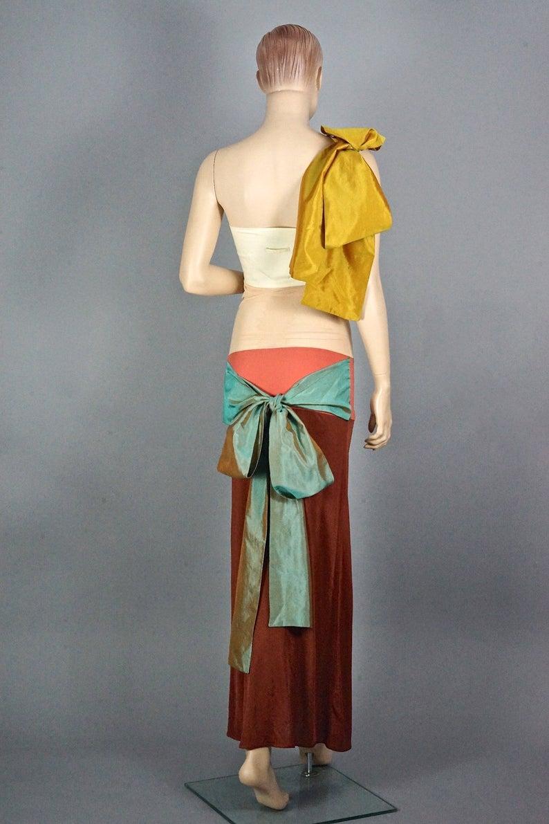 Brown Vintage JEAN PAUL GAULTIER Silk Bow Colour Block Gown Dress