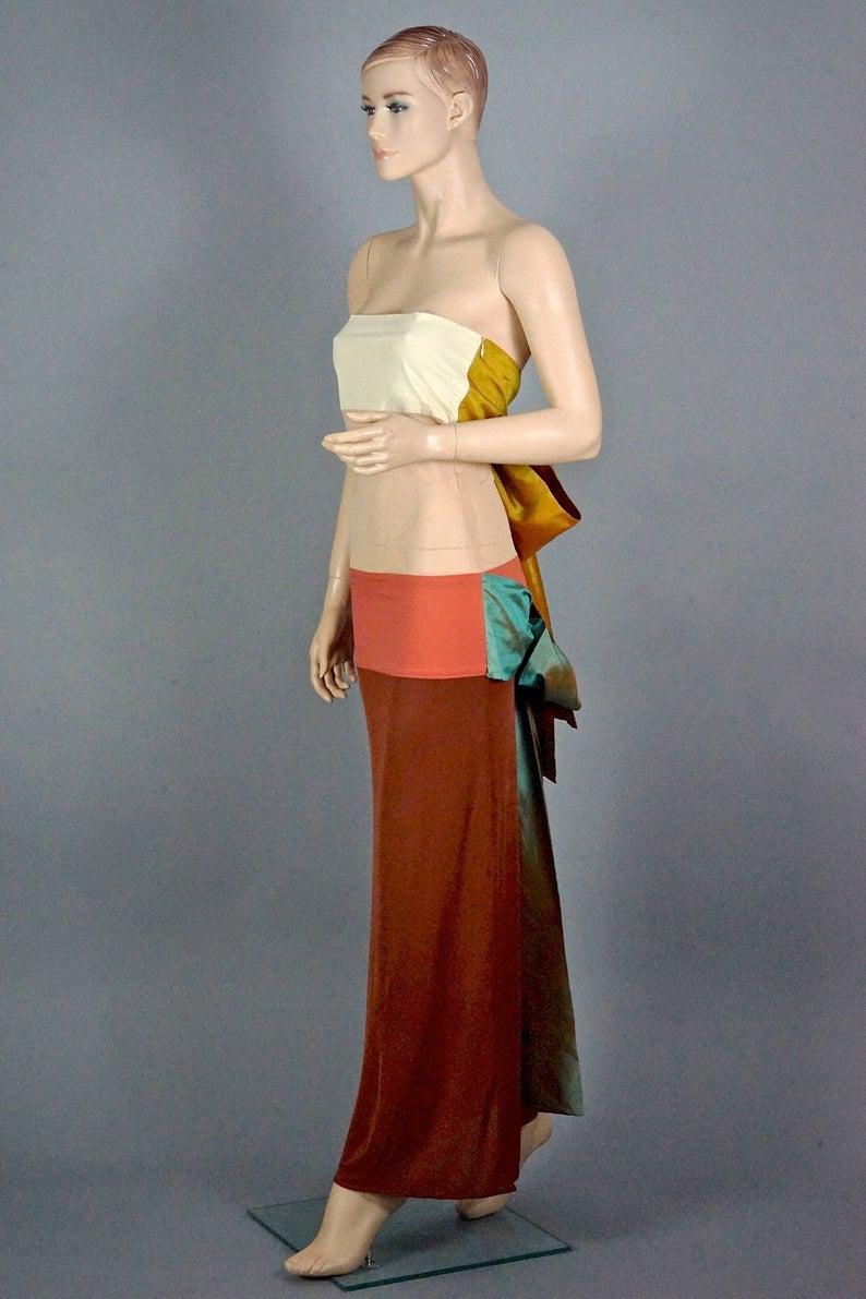 Vintage JEAN PAUL GAULTIER Silk Bow Colour Block Gown Dress In Good Condition In Kingersheim, Alsace