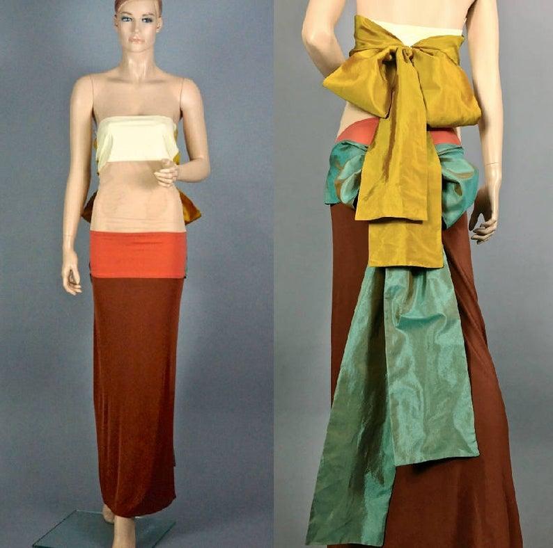 Vintage JEAN PAUL GAULTIER Silk Bow Colour Block Gown Dress 1