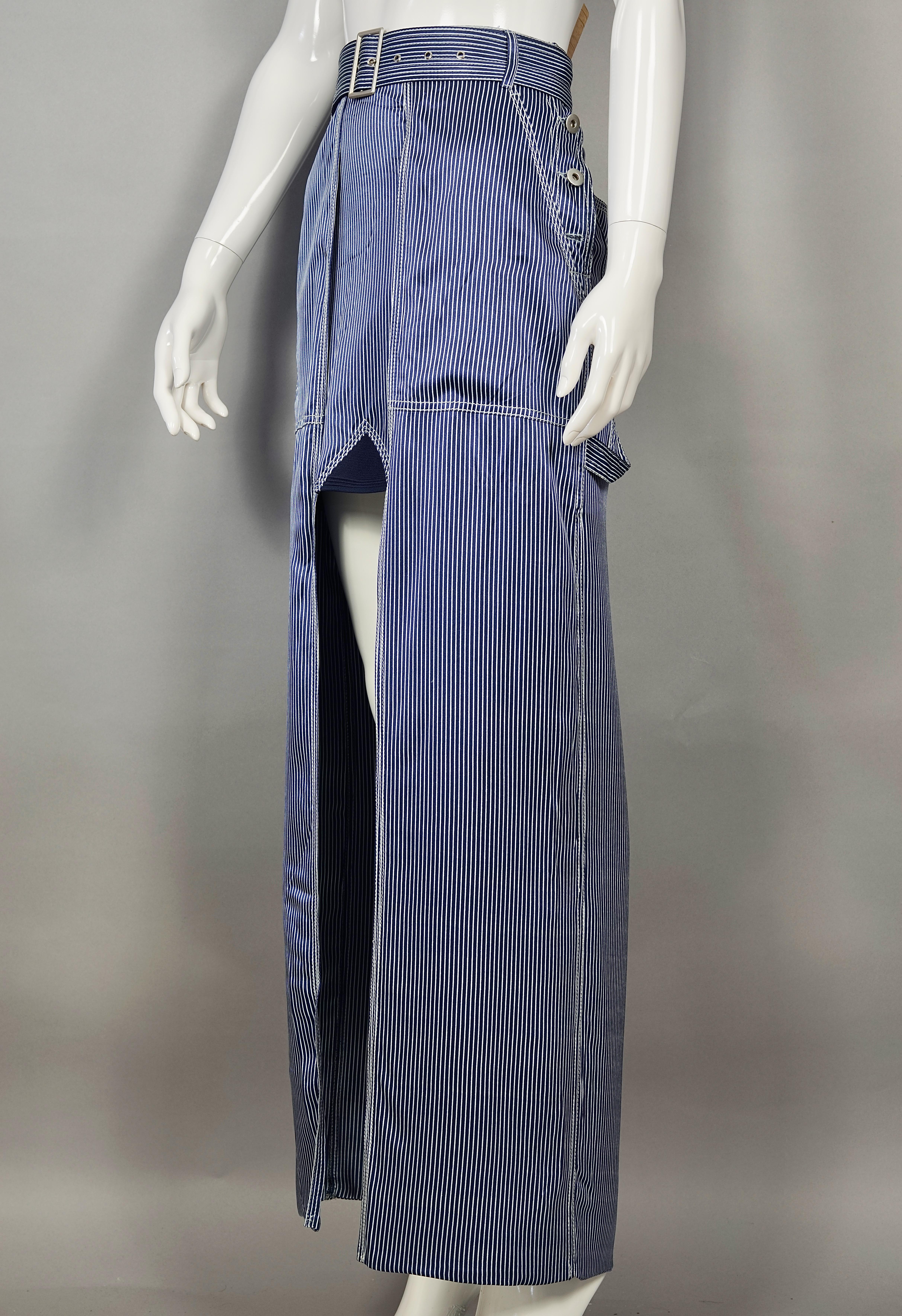 Vintage JEAN PAUL GAULTIER Silk High Low Stripe Belted Skirt

Measurements taken laid flat, please double waist and hips:
Waist: 15.94 inches (40.5 cm) adjustable with belt
Hips: 19.29 inches (49 cm) not stretched
Length: 43.30 inches (110