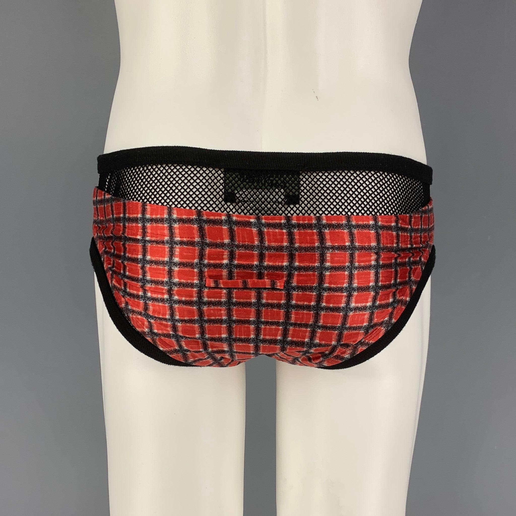Vintage JEAN PAUL GAULTIER speedo comes in a black & red plaid nylon / lycra featuring a mesh panel and a elastic waistband. Made in Italy.
Very Good
Pre-Owned Condition. 

Marked:   L  

Measurements: 
  Waist: 26 inches Rise: 9 inches  Inseam: 1.5
