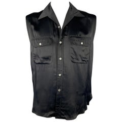 Vintage JEAN PAUL GAULTIER Size L Navy Acetate Patch Pockets Sleeveless Shirt