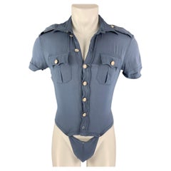 Jean-Paul Gaultier - Chemise à manches courtes vintage en rayonne bleue froissée, taille M