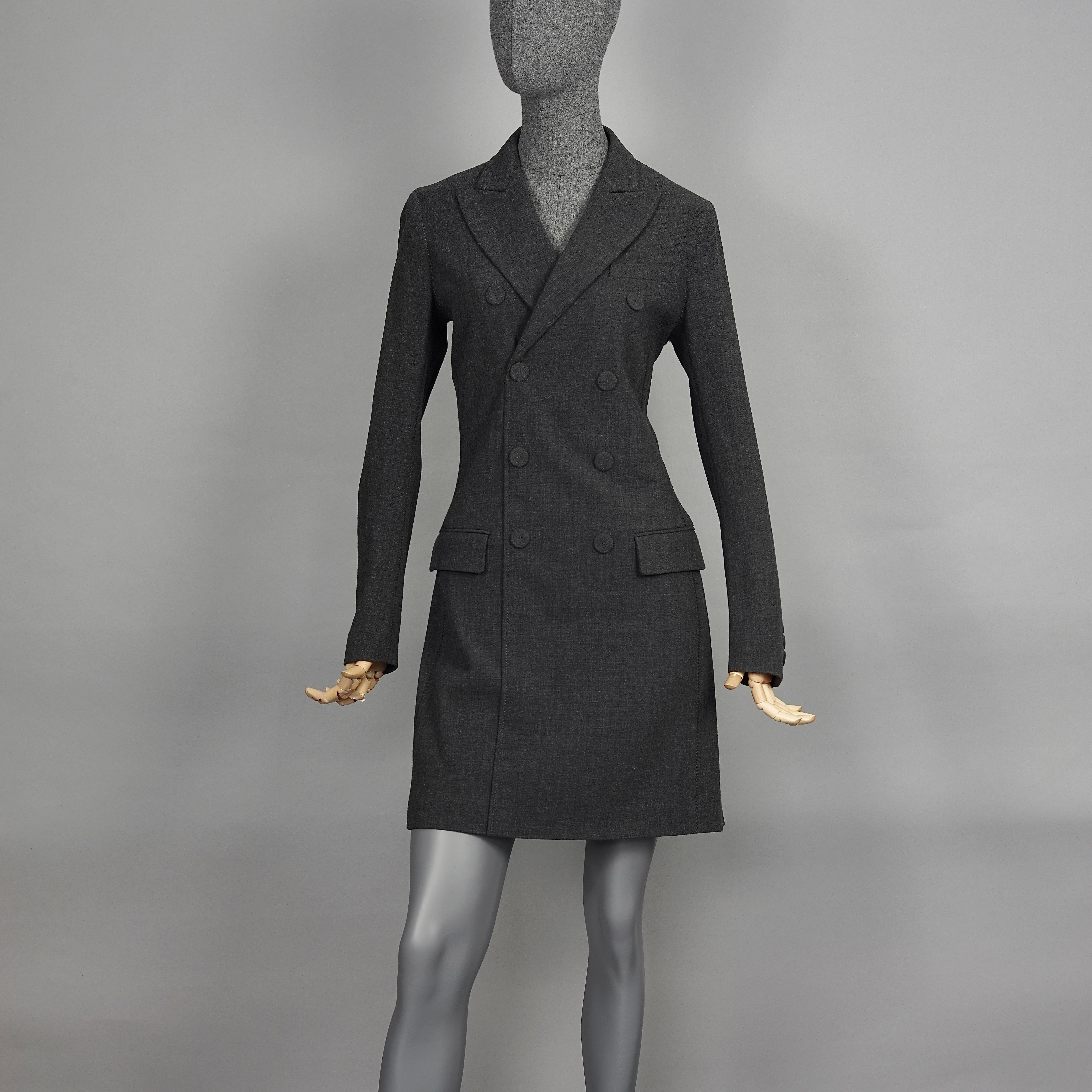 Vintage JEAN PAUL GAULTIER Smoking Double Breasted Wool Dress Suit

Measurements taken laid flat, please double bust, waist and hips:
Shoulder: 15.35 inches (39 cm)
Sleeves: 24.40 inches (62 cm)
Bust: 18.50 inches (47 cm)
Waist: 15.35 inches (39