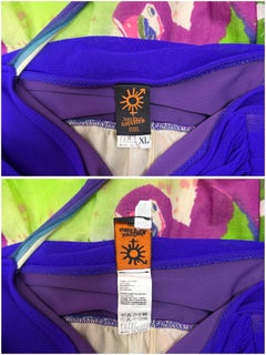 Robe midi vintage Jean Paul Gaultier « Soleil Parrot » en maille imprimée, bleue et violette