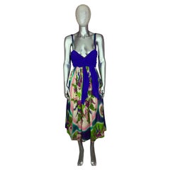 Robe midi vintage Jean Paul Gaultier « Soleil Parrot » en maille imprimée, bleue et violette